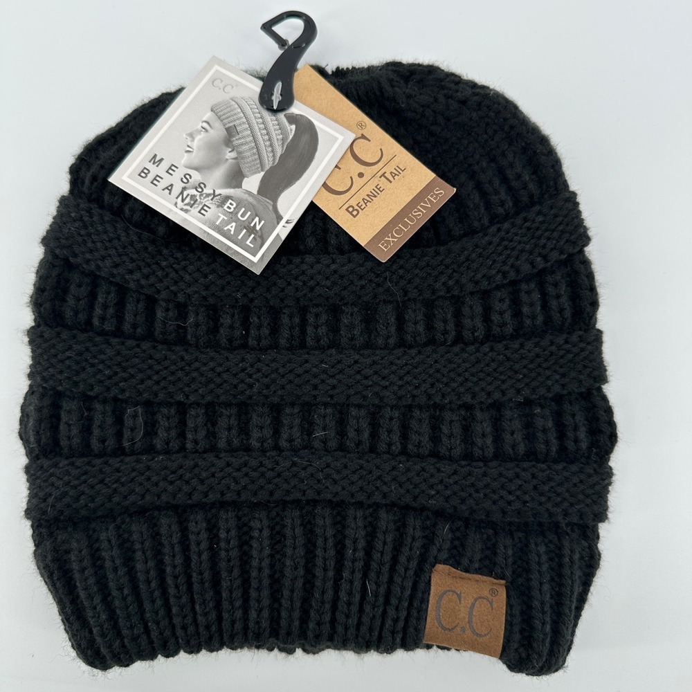 New Exclusive C.C Beanie tail Ponytail Messy Bun Solid Ribbed Knit CC Beanie Hat